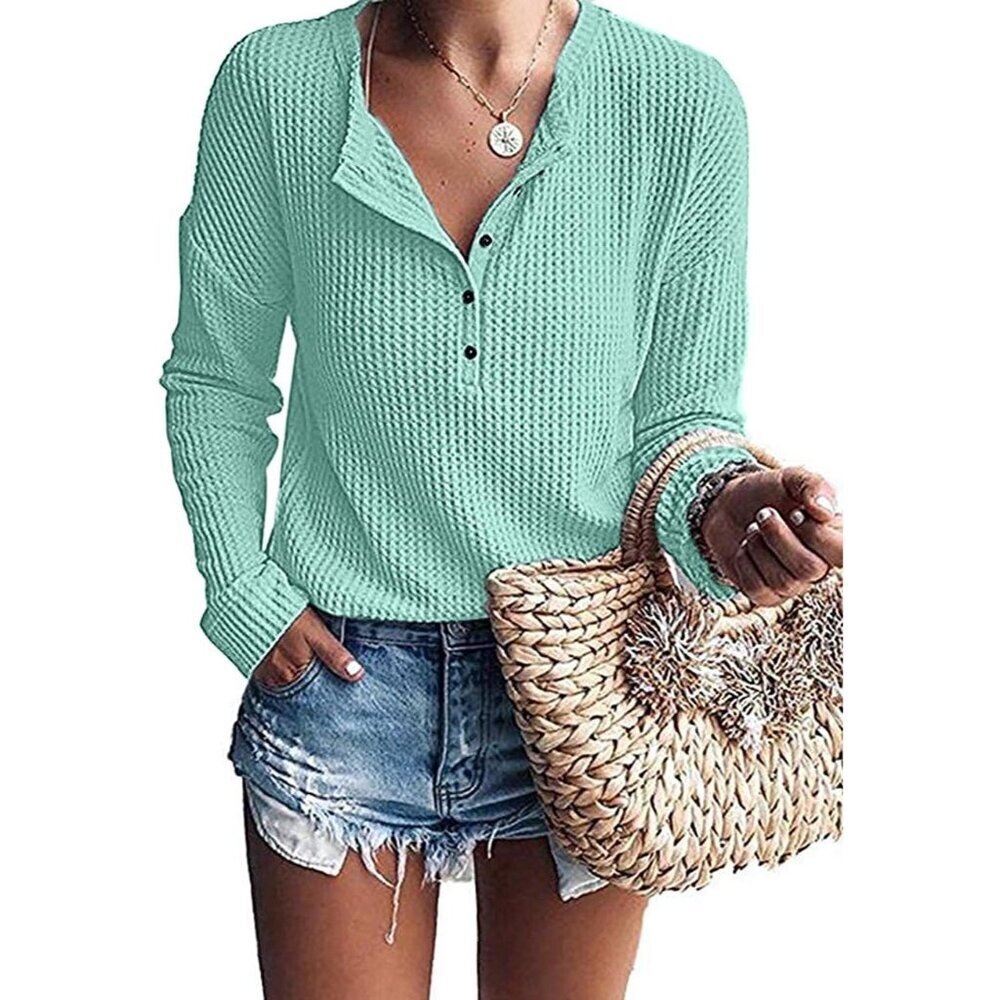Women's Waffle Knit Tunic Top Long Sleeve V Neck Button Up Casual Fit